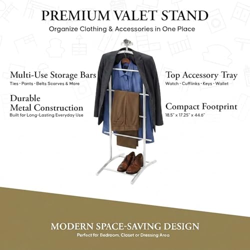 Image of Kings Brand Freestanding Metal Suit Valet Stand with Tie Bar, White | Complete Clothing Organizer with Hanger, Trouser Bar & Shelf Keeps Jackets, Pants, Ties, Belts & Accessories Organized