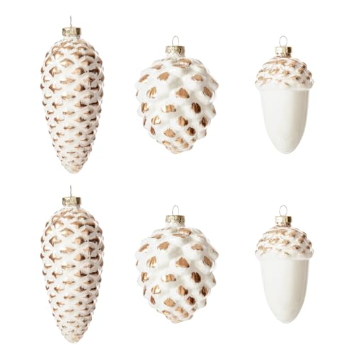 DN DECONATION Christbaumkugeln Set 6-TLG, Weiß-Gold Glas Tannenzapfen...
