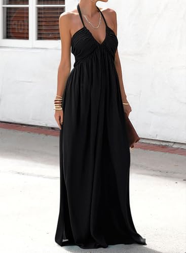 Maxi Dresses for Women 2025 Sexy Halter V Neck Backless Smocked High Waisted A Line Beach Vacation Sundress3