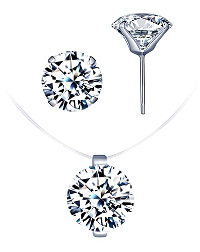 CPSLOVE Collier et boucles d'oreilles pour femmes, Ensemble de bijoux de femmes, Collier et clou d'oreille en argent 925, Collier ras de cou en diamant, Boucles d'oreilles zircon à quatre griffes Cover
