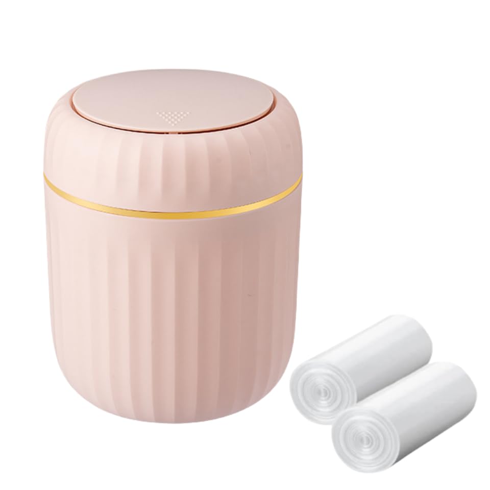 MEETOZ Desktop Trash Can,with Press Type Lid,Mini Plastic Desktop Trash Bin for Family Living Room Kitchen Bathroom Office Car Indoor Plastic Trash Can,with 60 sheets of Trash Bags (Pink)