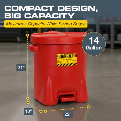 Image of Eagle Oily Waste Can, Self-Closing Lid, 14 Gallon, Made in the USA, Red