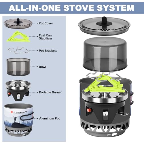 1.2L Backpacking Camping Stove Cooking System with Piezo Ignition, Outdoor Portable Burner with Pot & Brackets Camp Stove Camping Stove Kit Propane, Ideal for Hiking Fishing Hunting - Thumbnail 2