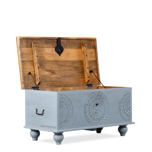 Image of Rafi Wooden Trunk Box for Storage | Solid Wood Coffee Table for Living Room | Center Coffee Table with Storage | Front Wooden Carved Sandook Pitara for Home Decor & Bedroom (Grey Distress)