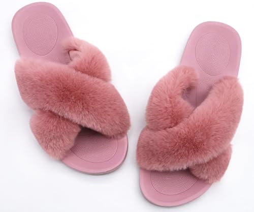 Image of COFACE Womens Fuzzy Slides Fluff Faux Fur Cross Slippers Open Toe Yoga Mat House Slipper Sandals With Arch Support For Indoor /Outdoor