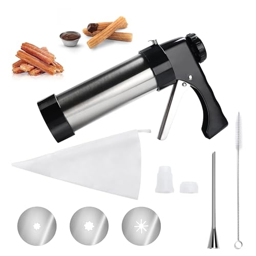 Churro Maker Machine, kit de pistola Churros de acero inoxidable, Churro hueco, pistola Churro, bolsa de tuberías, relleno de churro, 1 boquilla de tubería y 3 discos de galletas, cepillos de