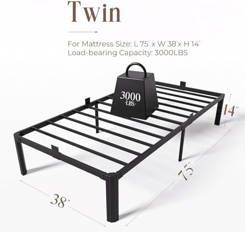 Image of Twin Metal Bed Frame 14 Inch, Heavy Duty Platform, No Box Spring Needed