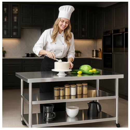 Image of Stainless Steel Table with Wheels for Food Preparation and Work, Multi-Size Optional, Three-Layer Variable Two-Layer Metal Commercial Workbench Outdoor, Restaurant, Kitchen (51 inch Lx32 Wx34 H)