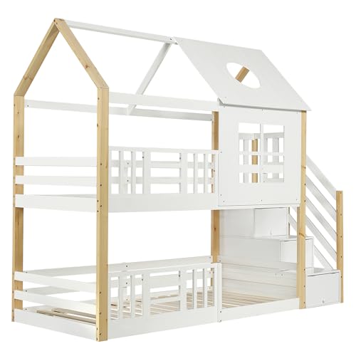 Dolamaní Litera para 2 niños, 90 x 200 cm, con techo y ventanas preciosas, cama de casa con espacio de almacenamiento de seguridad, protección contra caídas, cama de madera de pino (blanco y natural B - imagen 8