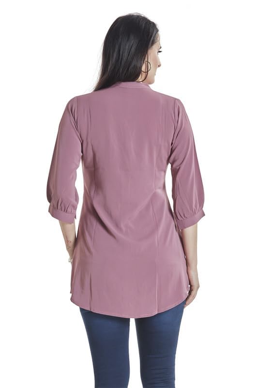 Image of nioni Women's Purple Poly Linen Blend Tunic Top with 3 /4 Sleeves, Printed Yoke, Kantha Stitch Detailing & Mandarin Collar