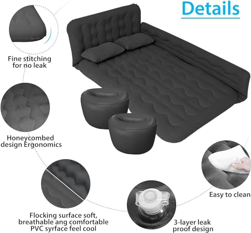 ISWEES Car Bed SUV Air Mattress, Car Air Mattress with Electric Pump, 2 Inflatable Pillows and 2 Footrests for Back Seat, Side Seat,Trunk Sleeping, Thickened Camping Bed - Black by ISWEES - Used condition - Image 3