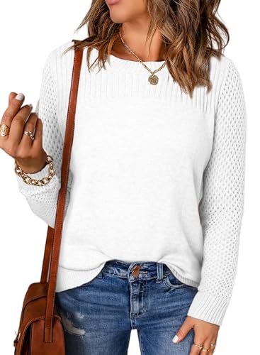 EVALESS Sweaters for Women 2025 Fashion Trendy Casual Crewneck Crochet Long Sleeve Cable Knit Lightweight Chunky Fall Winter Cute Pullover Clothes,White Small