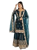 FASHION FRONTIER Fandy Silk New Punjabi Style Sharara Suit For Women Ready To Wear Salwar Kameez With Dupatta Moti work (US, Alpha, Small, Regular,Teal)