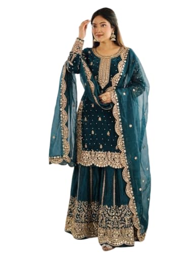 FASHION FRONTIER Fandy Silk New Punjabi Style Sharara Suit For Women Ready To Wear Salwar Kameez With Dupatta Moti work (US, Alpha, Small, Regular,Teal)