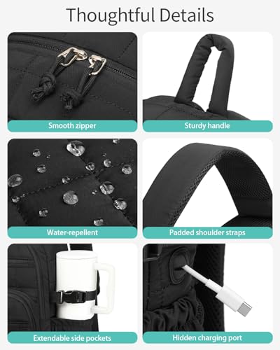 Image of Large Quilted Laptop Backpack for Women, College Bookbag with Tumbler Holder Pocket for Nurse Teacher Work Travel, Puffer School Backpack for Teen Girls Big Student, Black