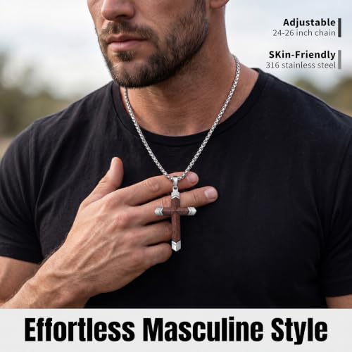 Image of Wooden Cross Necklace for Men with Stainless Steel Adjustable Chain 24-26in, Christian Wood Crucifix Pendant Gift for Him