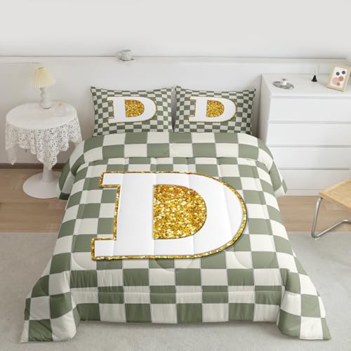 Image of Erosebridal Sage Green Checkered Comforter Set Full Plaid Initial D Bedding Set Personalized Monogram Comforter for Kids Adults,Fashion Grids Gingham Quilt Duvet