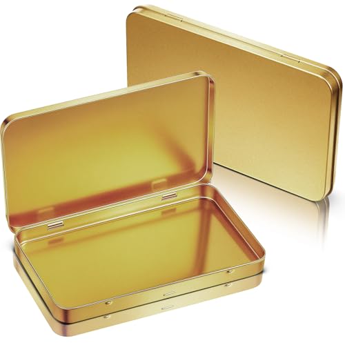 Image of Geiserailie 2 Pack Rectangular Metal Tin Box with Lid Metal Hinged Lid Tin Mini Paint Storage Box Empty Container Storage for Watercolor Jewelry Pen Candy Craft Organizer 7.0 x 4.2 x 0.6'' (Gold)