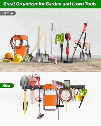 Image of PIYILO 64 inches Garage Tool Organizer Wall Mount, Garden Tool Organizer Rack Heavy Duty, Hanging Storage Organization Racks Holder with 10 Hooks, for Lawn Tools, Shovel, Shed