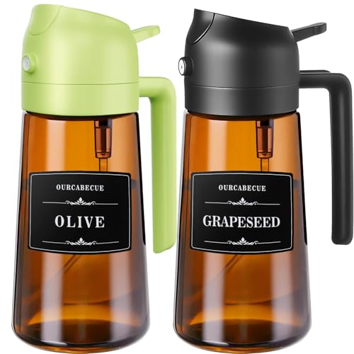 Image of Olive Oil Sprayer & Dispenser for Cooking, 16oz Dark Glass Oil Mister, 2PC | 2-in-1 Oil Sprayer & Pourer, Fine mist, Light-Blocking, Wide Mouth for Easy Refill & Clean, 8 Oil Labels, Reusable