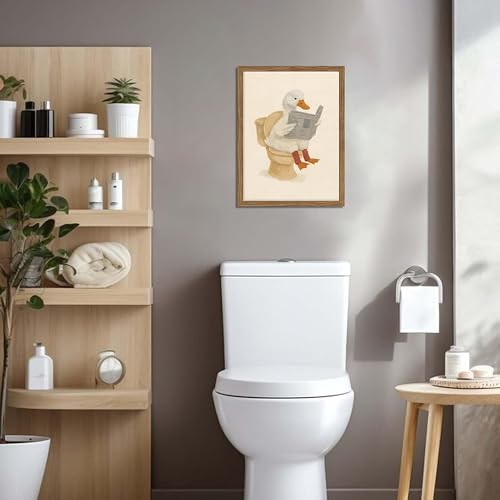 Image of Framed Duck Bathroom Wall Art, Whimsical Duck Reading on Toilet, Funny Kids Bathroom Wall Decor, Vintage Farmhouse Toilet Decor, Cute Animal Canvas Print for kids Room 16x24 inch