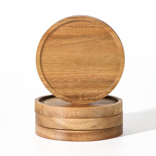 Acacia Wood Coasters for Drinks with Lip WLWNWFT Round Drink Coasters with Holder for Coffee Table Dining Table Wooden Table Coasters for Farmhouse Desk Set of 4