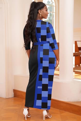 Image of Nmoder Maxi Dress for Women Long Church Cocktail Casual Dresses Colorblock Front Split 3 /4 Sleeve V Neck Pencil Dress