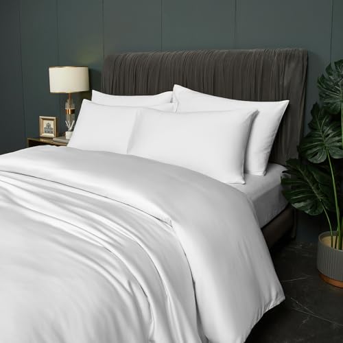DXHOME Ropa de cama de verano de 200 x 200 cm, color blanco, liso, de bambú, refrescante, suave y transpirable, funda nórdica de lujo con cremallera y 2 fundas de almohada de 80 x 80 cm