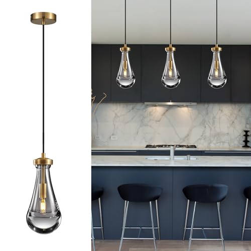 TACDANDM Raindrop Pendant Light Fixtures Set of 3, Brass Glass Pendant Lighting, Teardrops Modern...