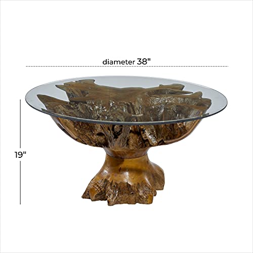 Deco 79 Teak Wood Handmade Live Edge Tree Stump Coffee Table With Clear Glass Top, 38" X 38" X 19", Brown #TOP2