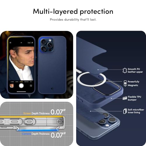 Image of Spigen Cyrill Kajuk Mag | iPhone 15 Pro Max Case | Blue iPhone 15 Pro Max Back Cover | Faux Leather+TPU+PC - Navy