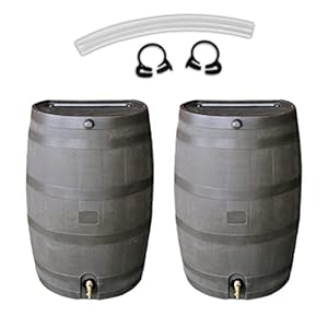 Polyethylene 50 Gallon Flat Back Rain Barrel with Link Kit, Walnut (2 Pack)