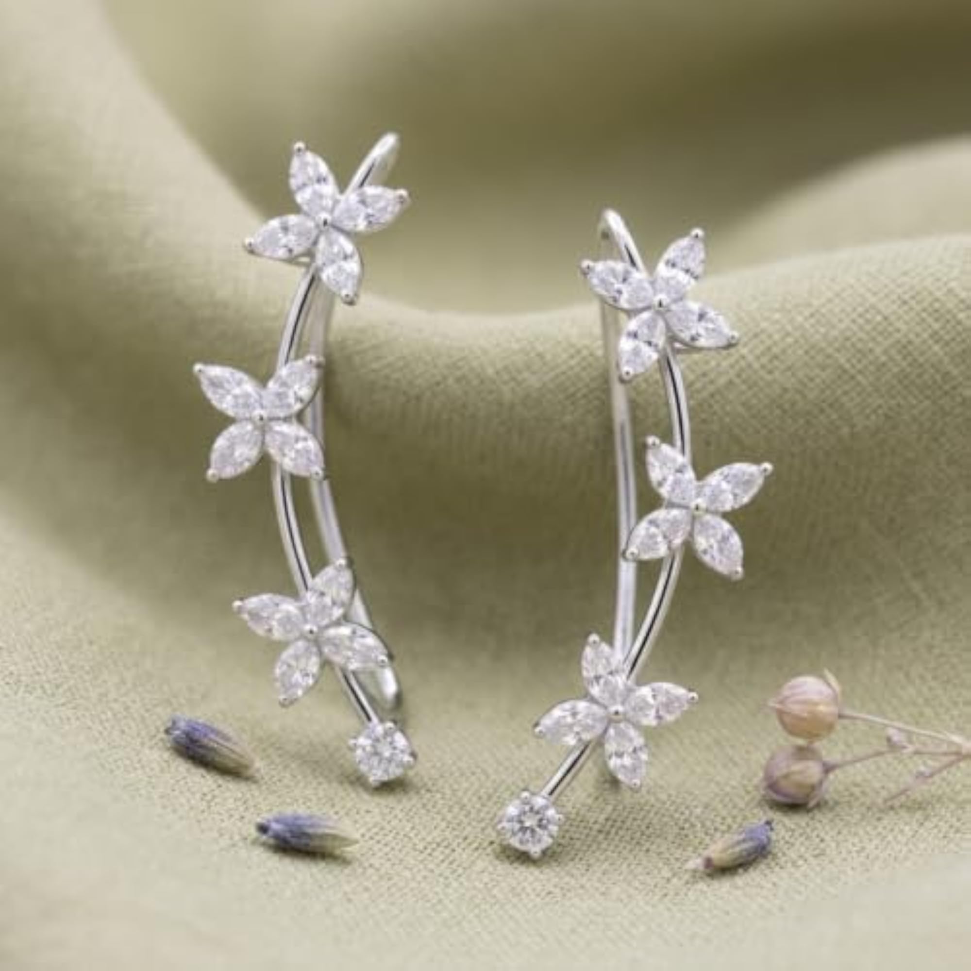 Floral Design Delicate Ear Cuffs & Silver-Plated Crystal Climbers