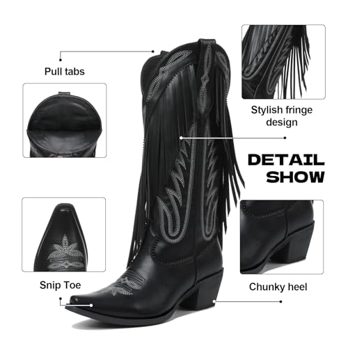 Image of Cowgirl Boots for Women Retro Pointed Toe Pull On Block Chunky Heel Embroide Tassel Country Concert Outfits Mid Calf Western Fringe Cowboy Boots