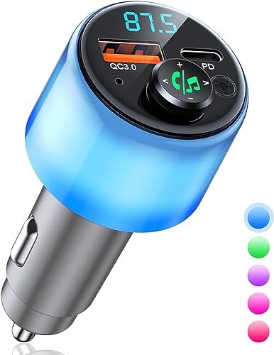 RIWUSI Bluetooth 5.3 FM Transmitter for Car, [All-Over Glow] PD 30W+QC 3.0 Dual-Port Fast Car Charger, Wireless FM Radio Bluetooth Car Adapter with Hands-Free Calling, Hi-Fi Music Player/Car Kit-Gray