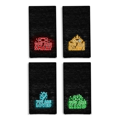 Qpenm Gaming Hand Towels Set of 4, Neon Gaming Sign Decorative Towels, Teen Boy Bathroom Decor, 16x24 Inches by Qpenm - Used condition - US$17.47