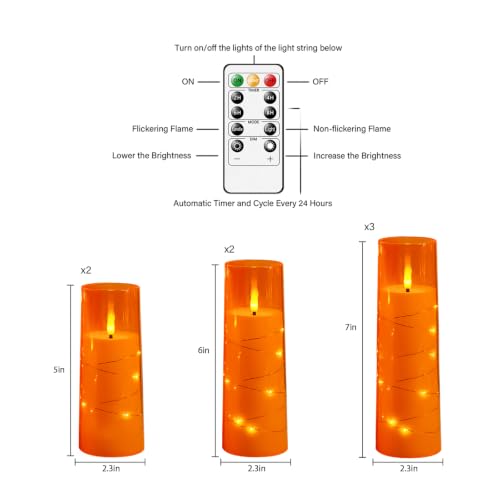 Image of Sasigeiaa Flameless Candles with Embedded Star String - Battery Operated LED Candles, with Remote,7 Orange Flickering Candles for Christmas, Weddings, Home Decor & Party,(D 2.3 inchxH 5 inch 6 inch 7 inch)
