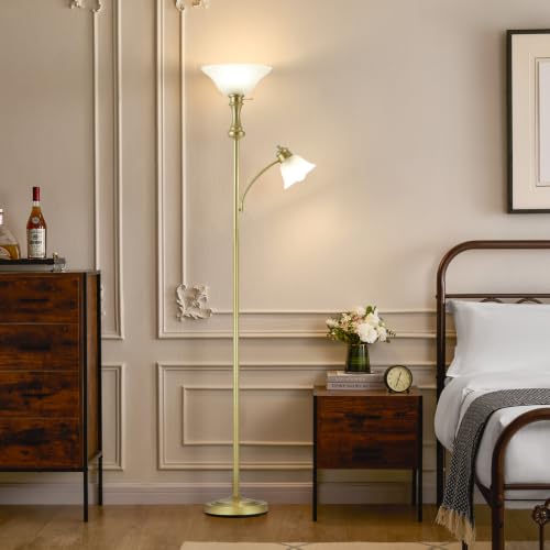 Image of Torchiere Glod Floor Lamp with Adjustable Angle Reading Lamp-71IN