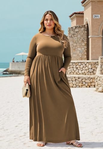 Image of Nemidor Plus Size Maxi Dress for Curvy Women Fall Casual Loose Long Sleeve Dresses with Pocket 14-26