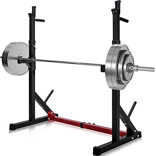 Merax Barbell Rack 550LBS Max Load Adjustable Squat Stand Dipping Station Gym Weight Bench Press Stand (Black/Red)