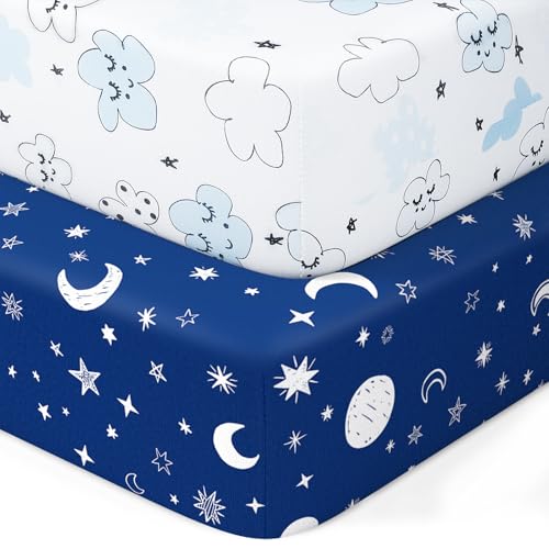 IOCCLH Pack N Play Sheets Fitted, 2-Pack Fit for Standard Pack N Play Mattress, Mini Crib Sheets,Breathable Soft Unisex Playard Sheets (Starry Sky & Clouds)