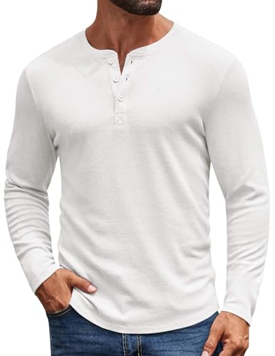 COOFANDY Mens Henley Shirts Long Sleeve Soft Button Henley T-Shirt Casual Pullover White