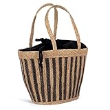 Cesta de la compra de algas marinas hecha a mano de producción justa, reciclaje, sostenible en aspecto de rayas, 31 x 30 x 19 cm, con forro interior