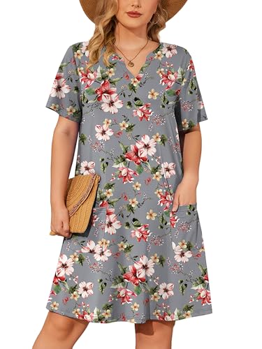 Image of AusLook Plus Size Midi Dress for Women V Neck Short Sleeve Summer Casual Loose Fit Vacation Sundress with Pockets 1X-5X