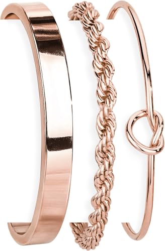 Poxtex Rose Gold Bangle Bracelets Stack for Women Rose Gold Cuff Link Chain Bracelets Set Trendy Waterproof Jewelry Gifts Adjustable
