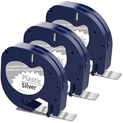 3 x 91208 Label Maker Tape Compatible with DYMO Letratag Metallic Silver Tape 91338 12mm x 4m Silver Sticker Label Tape Work for DYMO LetraTag Label Printer LT-100H LT-100T Plus Cover