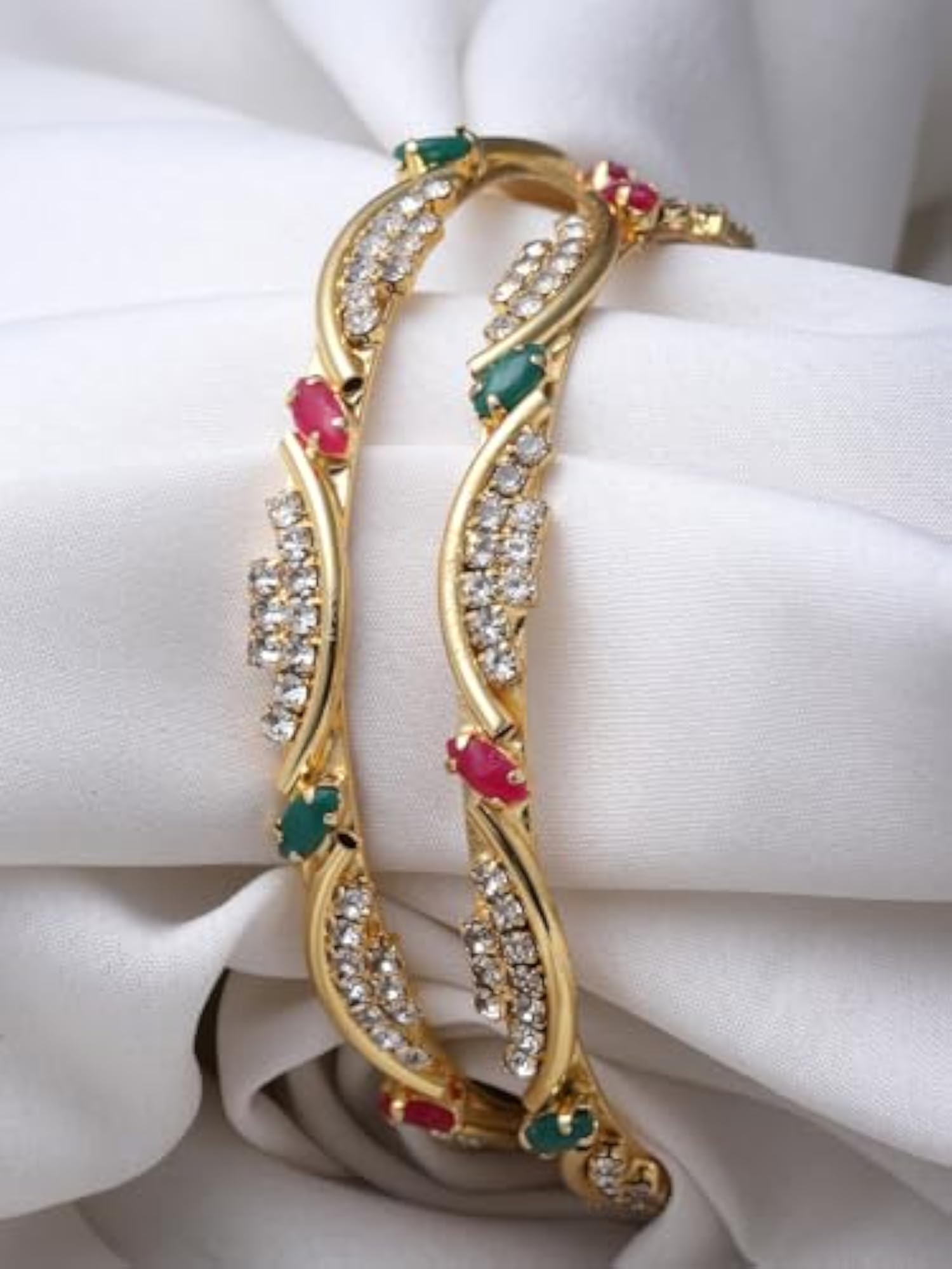 Plated Red & Green AD Stones Studded Bracelet Bangle Set