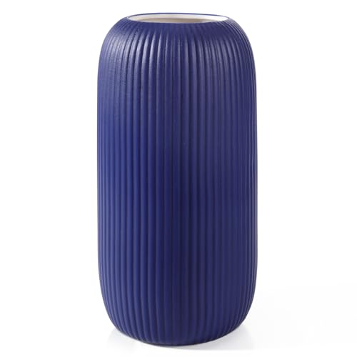 Ceramic Vase for Flowers – Modern Small Ribbed Textured Flower Vase for Home Decor, Pampas Grass, Decorative, Farmhouse, Coffee Table, Kitchen Centerpieces, Bookshelf and Home Living (Navy Blue)