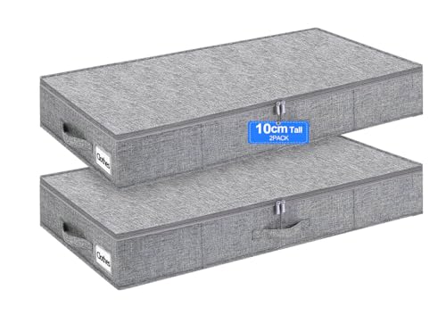 Huquter Low Under Bed Storage Box with Lid, 2 Pack 10cm Low Underbed Storage with Sturdy Side & Bottom Support, Foldable Linen Shallow Under Bed Storage Bag with Zip for Clothes, Under Sofa