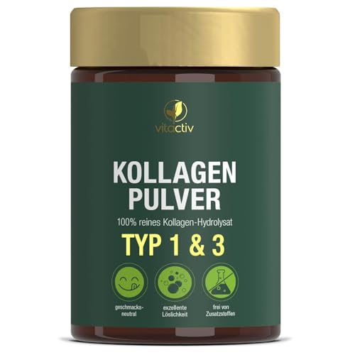 VITACTIV Collagen Pulver 300g - Kollagen Hydrolysat, Typ 1 & 3 Peptide - 19 essenzielle Aminosäuren - Hohe Bioverfügbarkeit, ohne Zusätze, Geschmacksneutral - Laborgeprüft in Deutschland